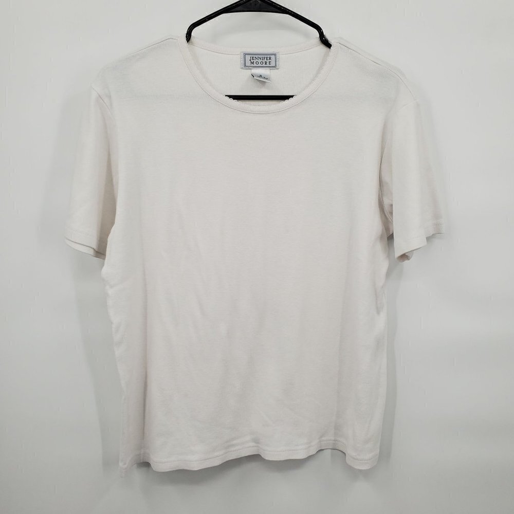 Jennifer Moore White T-Shirt Short Sleeve Ribbed 100% Cotton Small Women